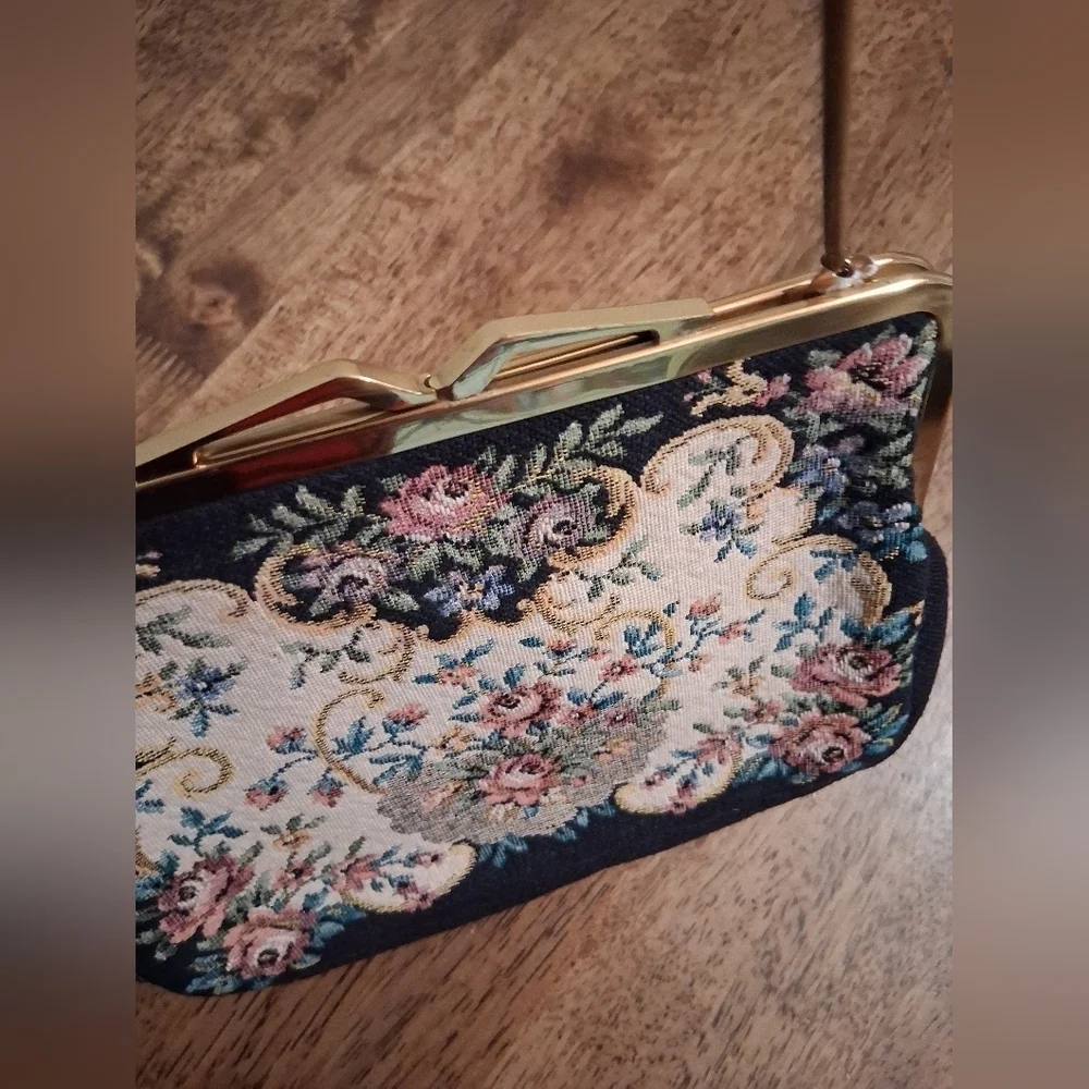 Vtg 40s Western Germany Petit Point Needlepoint Floral Tapestry Bag Purse